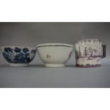 An English porcelain sugar bowl, transfer printed and underglazed blue with a chinoiserie scene,