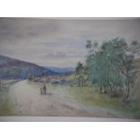 J Milne - mother and child on a road with cottages beyond an extensive summer landscape,