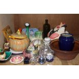 A quantity of decorative ceramics and other items including small panchan, plaster chicken figure,