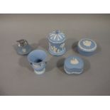 Five items of blue jasper Wedgwood,