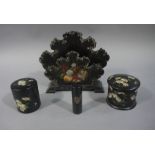 Three Victorian black papier mache items including letter rack and pair of jars