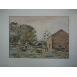 I Smith - figures turning the hay outside a barn, summer landscape, watercolour,