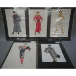 Four original fashion designs by Walter Kirk Patrick, watercolours heightened with body colour,