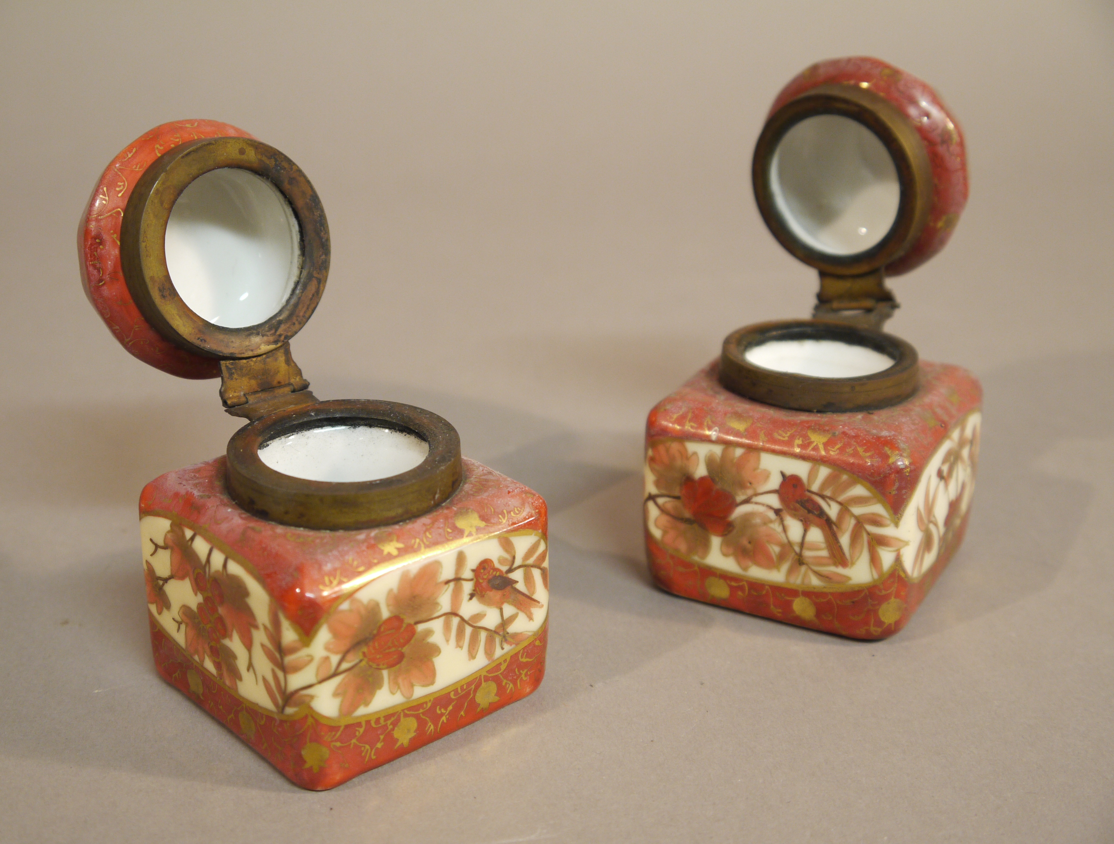 A pair of French porcelain ink wells with faceted bun shaped covers brass mounts, - Image 2 of 3