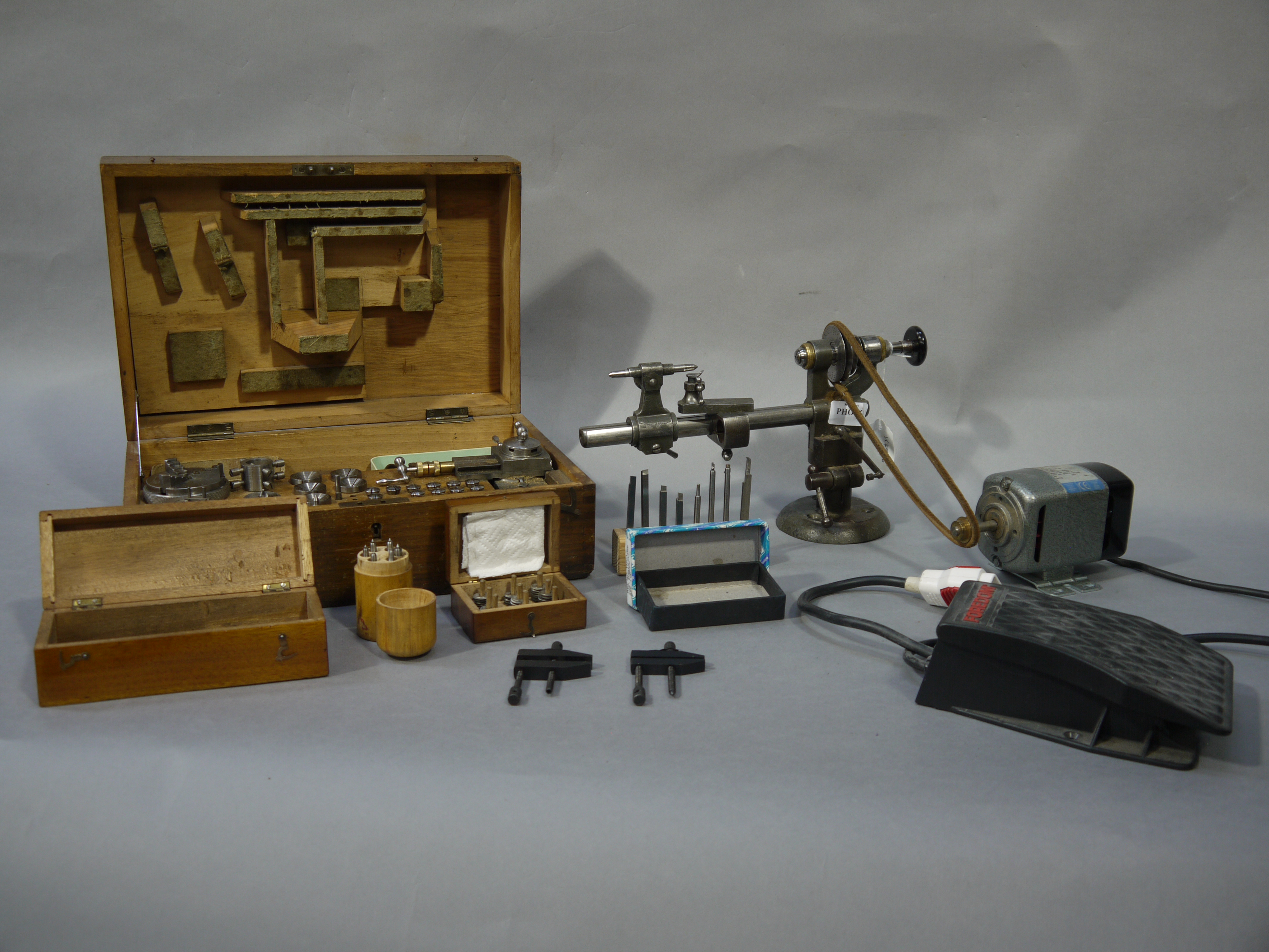 A mid 20th century watch makers lathe complete with bed and chucks, cutting tools, - Image 2 of 2