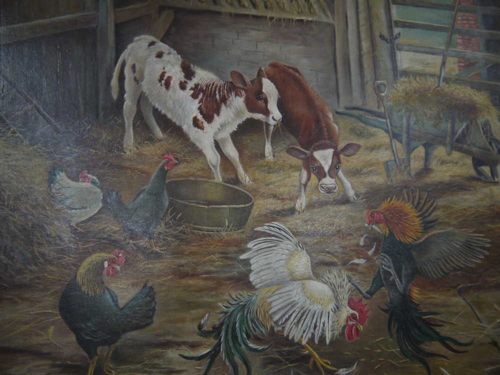 R E Mertens - calves, chickens and cockerels in a barn interior, oil on artist board, - Image 2 of 3