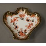 A Derby Harrow pattern shield shaped dish printed and gilded in Japan palette with formal gilt and