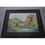 A needlework panel of a river landscape with figures together with a reproduction map, colour print,