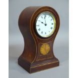 An Edwardian inlaid mahogany balloon-shaped mantel clock with white enamel dial and Roman numerals,