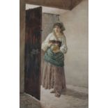 Filippo Indoni, Italian (1842-1908), Servant girl carrying a pottery jug standing in a doorway,