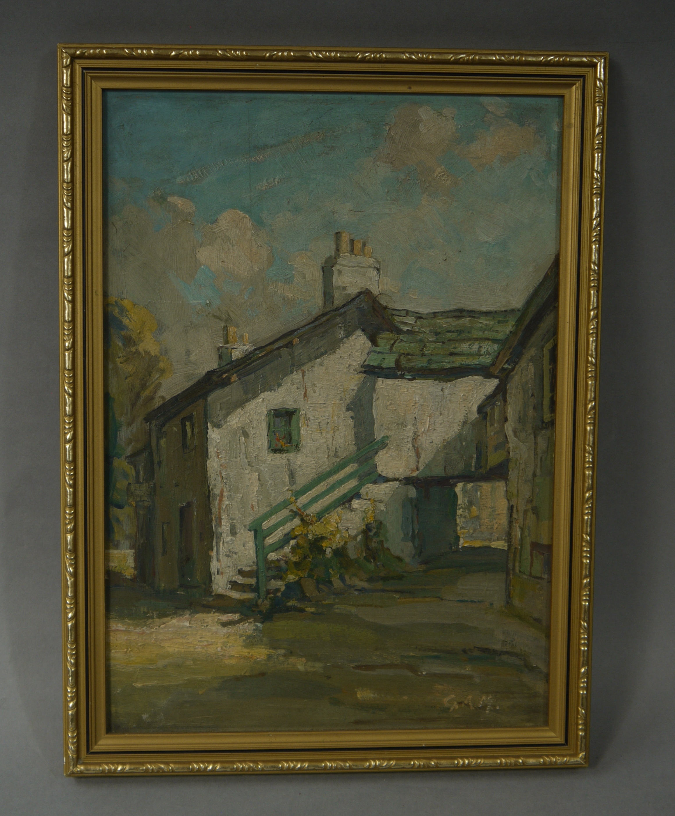 George A Marshall, 'Hawkshead, humble dwellings', oil on board,