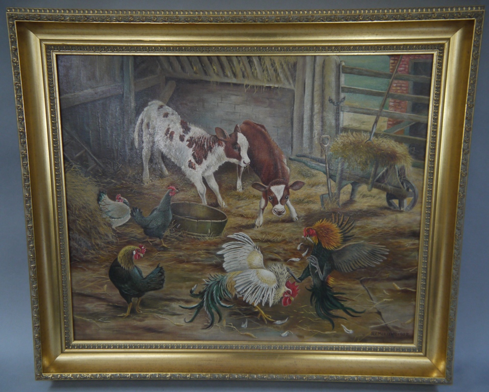 R E Mertens - calves, chickens and cockerels in a barn interior, oil on artist board,