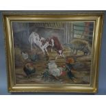 R E Mertens - calves, chickens and cockerels in a barn interior, oil on artist board,