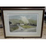Sam Chadwick-village houses with sheep on a road, watercolour, signed lower right, 29cm x 42cm,