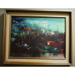 Chung Mira? - Chinese school, boats and houses on a lake, oil on canvas, signed lower left,