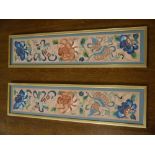 A pair of Chinese embroidered panels, worked with flower heads and leafage on a coral pink ground,