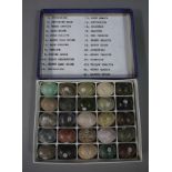A boxed set of specimen marble eggs, the lid inscribed with the marbles, each egg approximately 2.