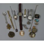 A collection of costume jewellery and watches including a small base metal compact of scalloped