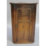 A 19th century oak corner cupboard having a moulded cornice over a bead panelled single door with