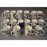 Sixteen Wedgwood mugs all transfer printed with various scenes or people including Churchill,