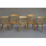 Five spindle back pine kitchen chairs,