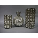 Three silver lustre 'bubble' glass and mesh vases