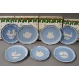 Seven Wedgwood blue jasper dip Christmas plates, various designs and dates,