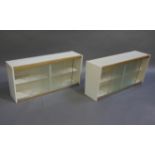 Two 1960s Fortress wall cabinets with opaque and clear striped glass sliding doors