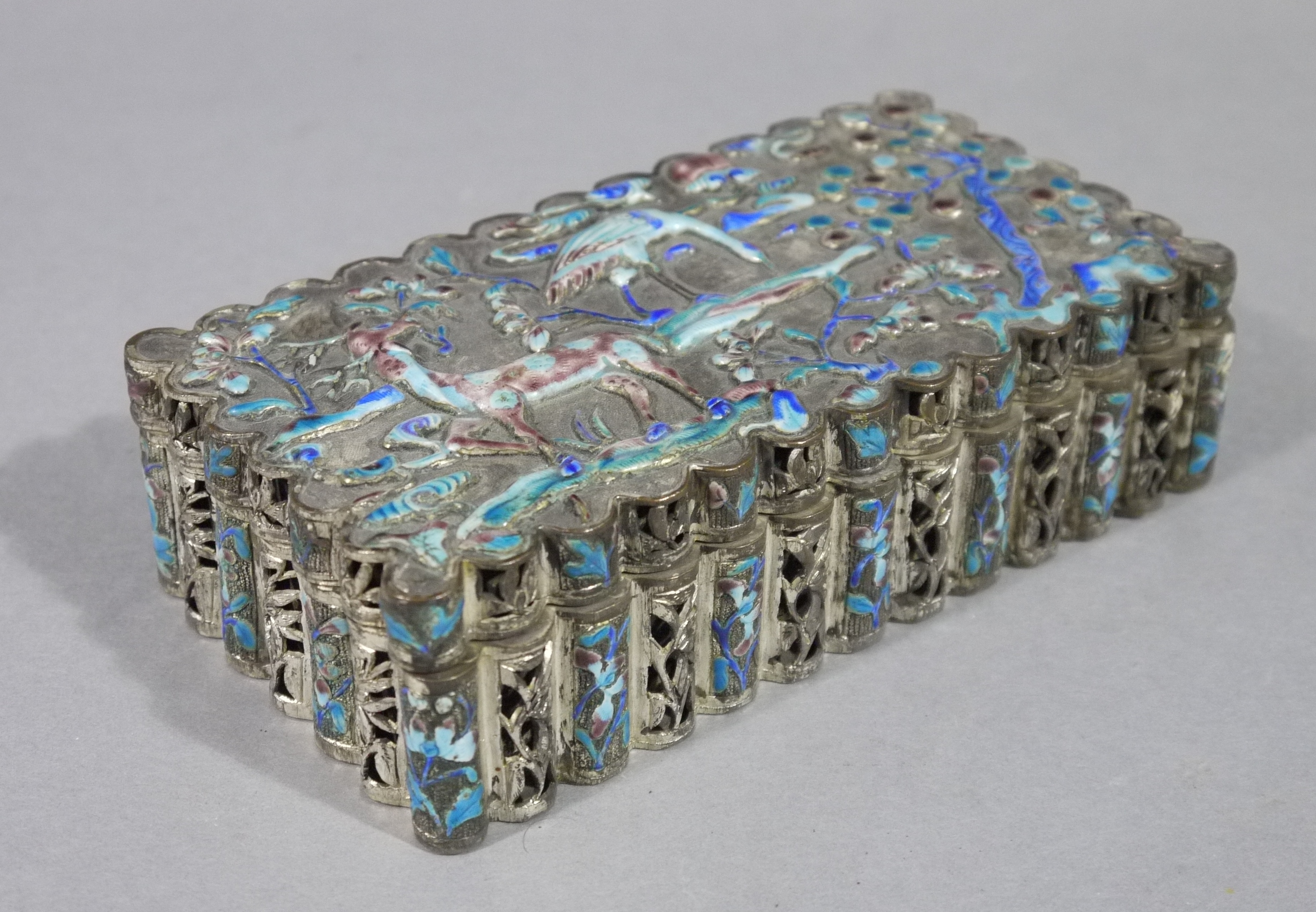 A Chinese silver plated and enamel cigarette box,