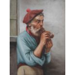 Vitale, three-quarter portrait of bearded man, wearing a beret, lighting a pipe, oil on canvas,