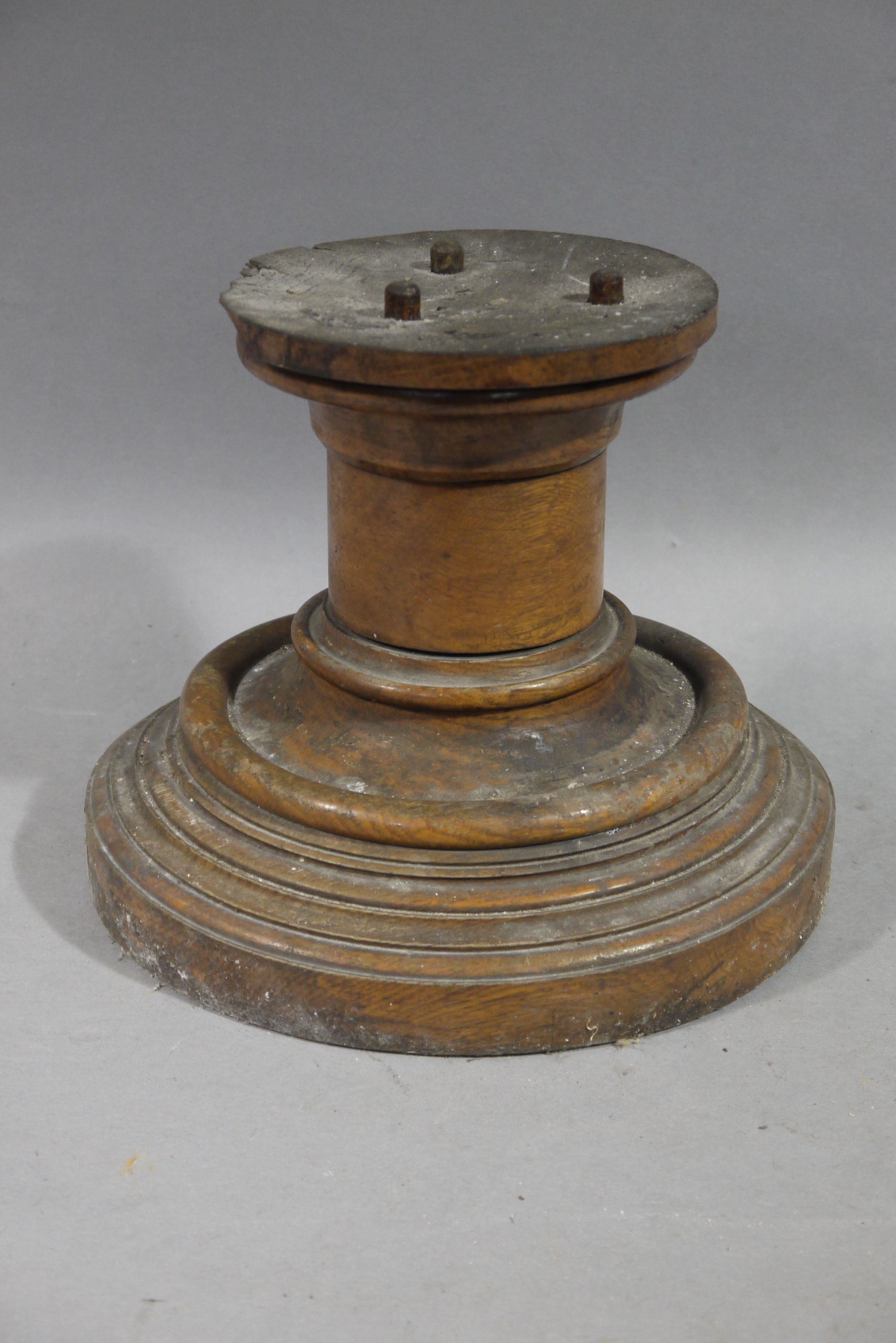 A Victorian pollard oak veneered part pedestal with shallow column and spreading circular base,