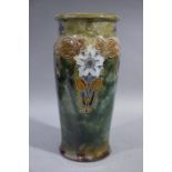 A Royal Doulton vase of slightly tapered cylindrical form, flattened rim above applied flowerheads,