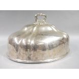 A Victorian silver plated lobed oval meat dish cover with foliate cast handle,