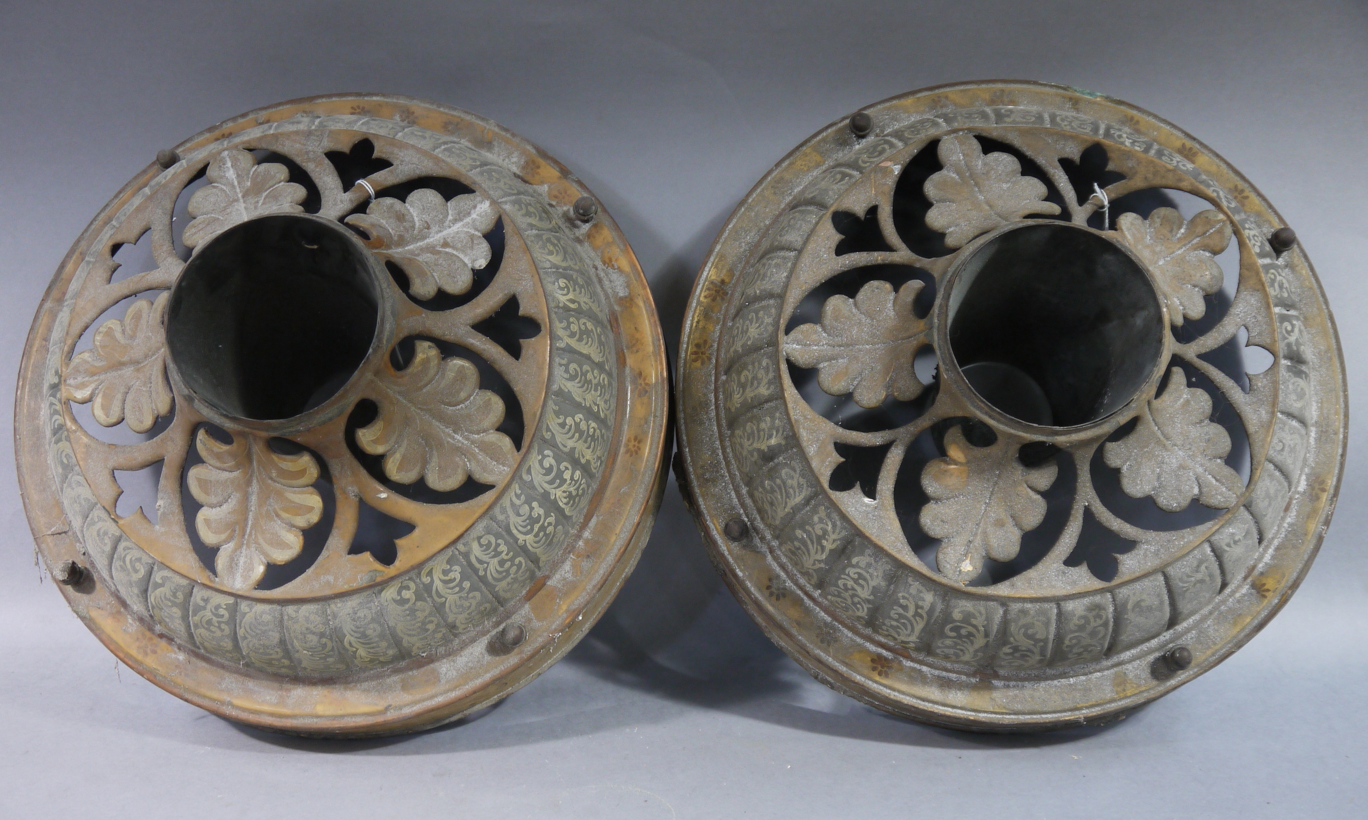 A pair of Victorian painted metal ceiling lights of circular domed outline with a pierced leaf - Image 2 of 3