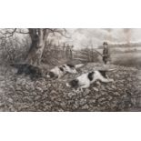 By and after Arthur Davis, Gun dogs retrieving in a turnip field, black and white engraving,