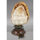 A shell cameo carved with winged amorini riding a goat drawn cart, floral border,