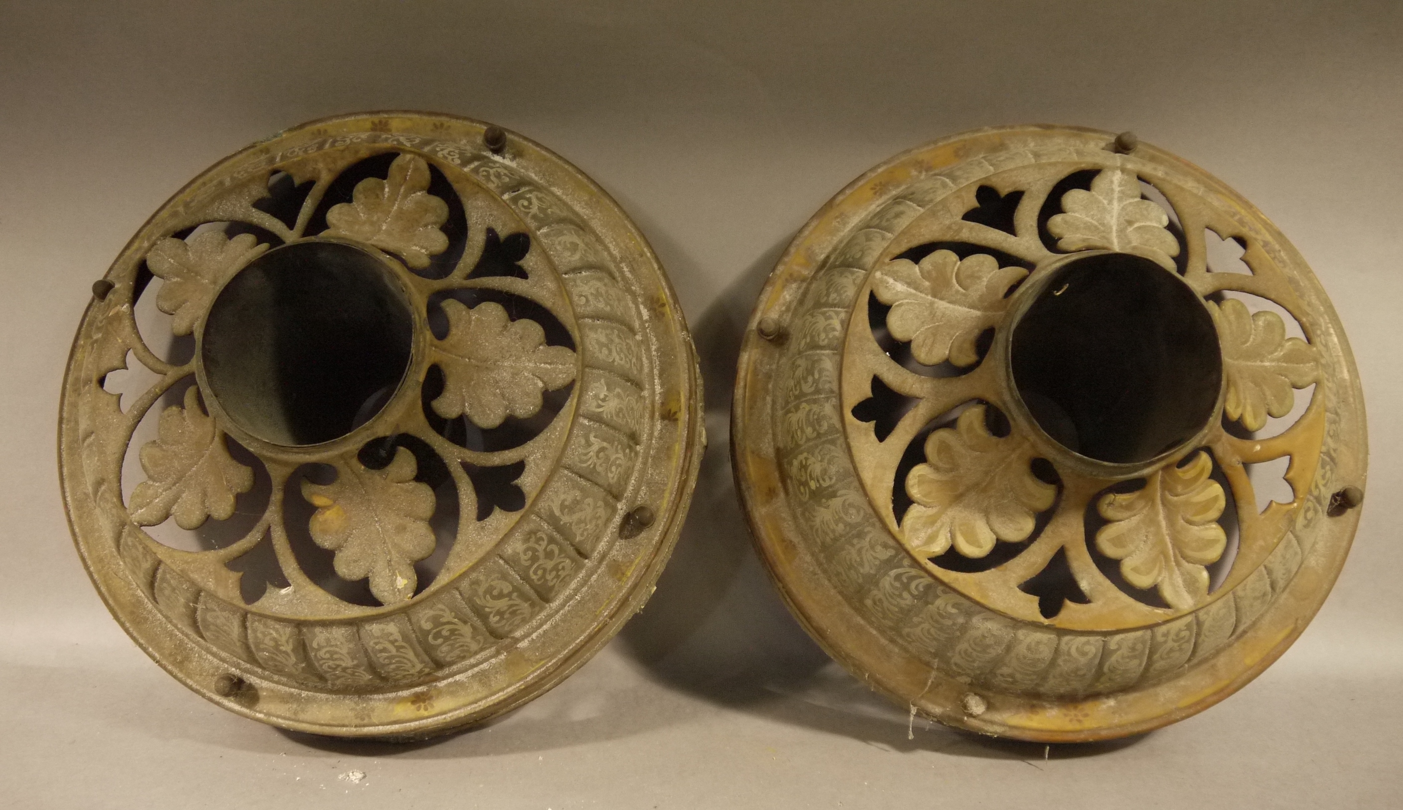 A pair of Victorian painted metal ceiling lights of circular domed outline with a pierced leaf - Image 3 of 3