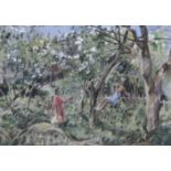 Mid 20th century English School, Orchard, Woman and Child on a swing, watercolour,