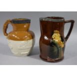 A Royal Doulton jug, the brown glazed sack shaped body moulded in relief with a man with lidded ale,