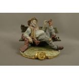 A Capodimonte figure of a tramp recumbent on a bench feeding a squirrel on his left knee,