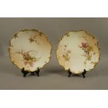 A pair of Royal Worcester shaped circular cabinet plates printed and painted with flowers and