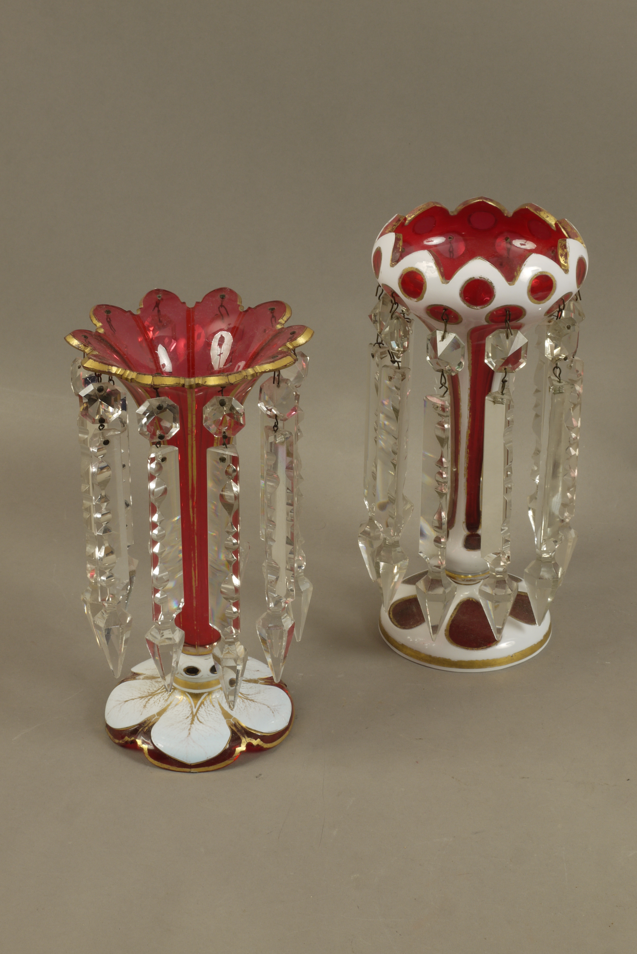 Two Victorian cranberry flashed lustre stands,