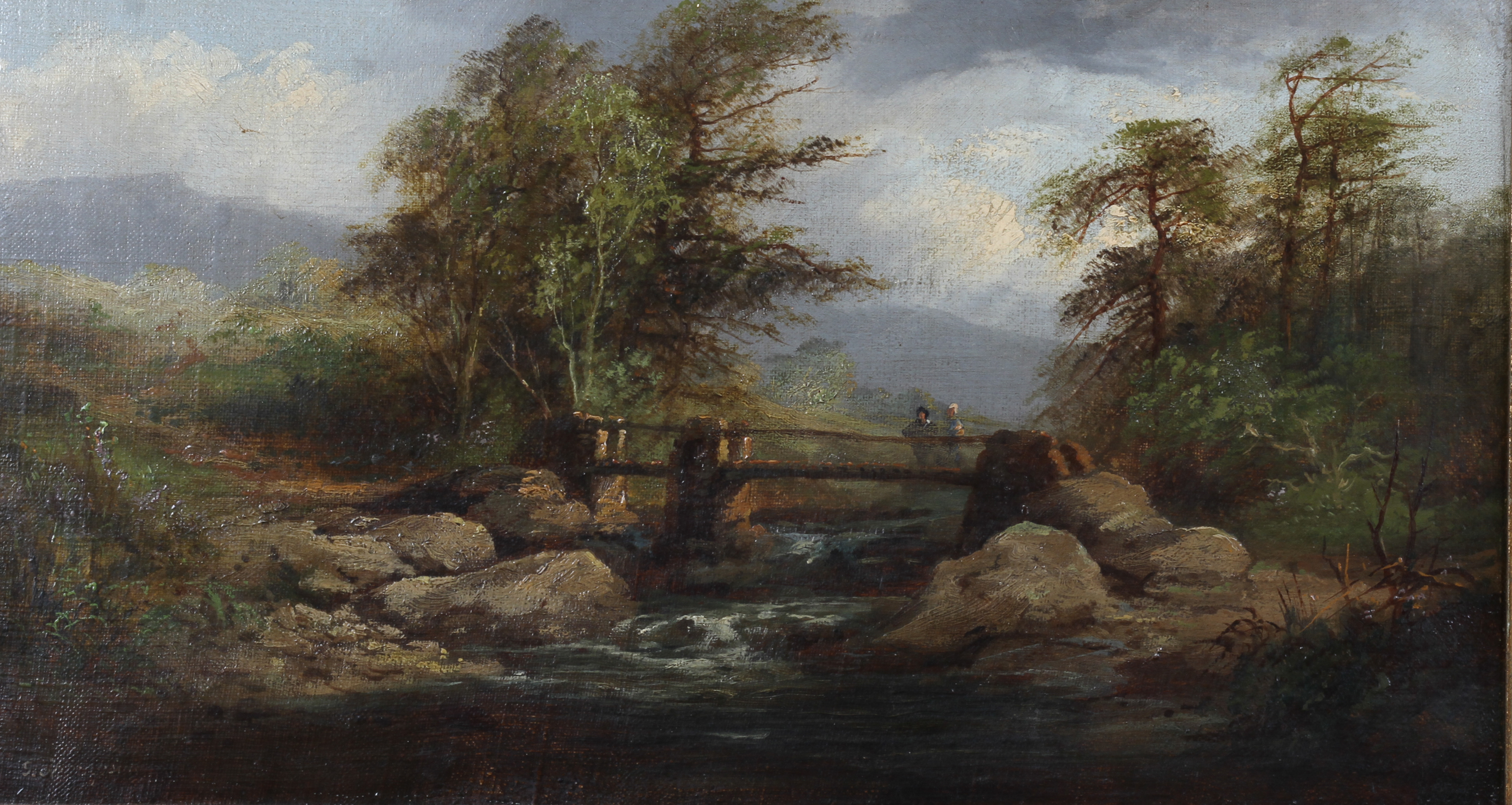 G Thompson, 19th century, Welsh river valley with figures on a bridge, oil on canvas,