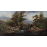 G Thompson, 19th century, Welsh river valley with figures on a bridge, oil on canvas,