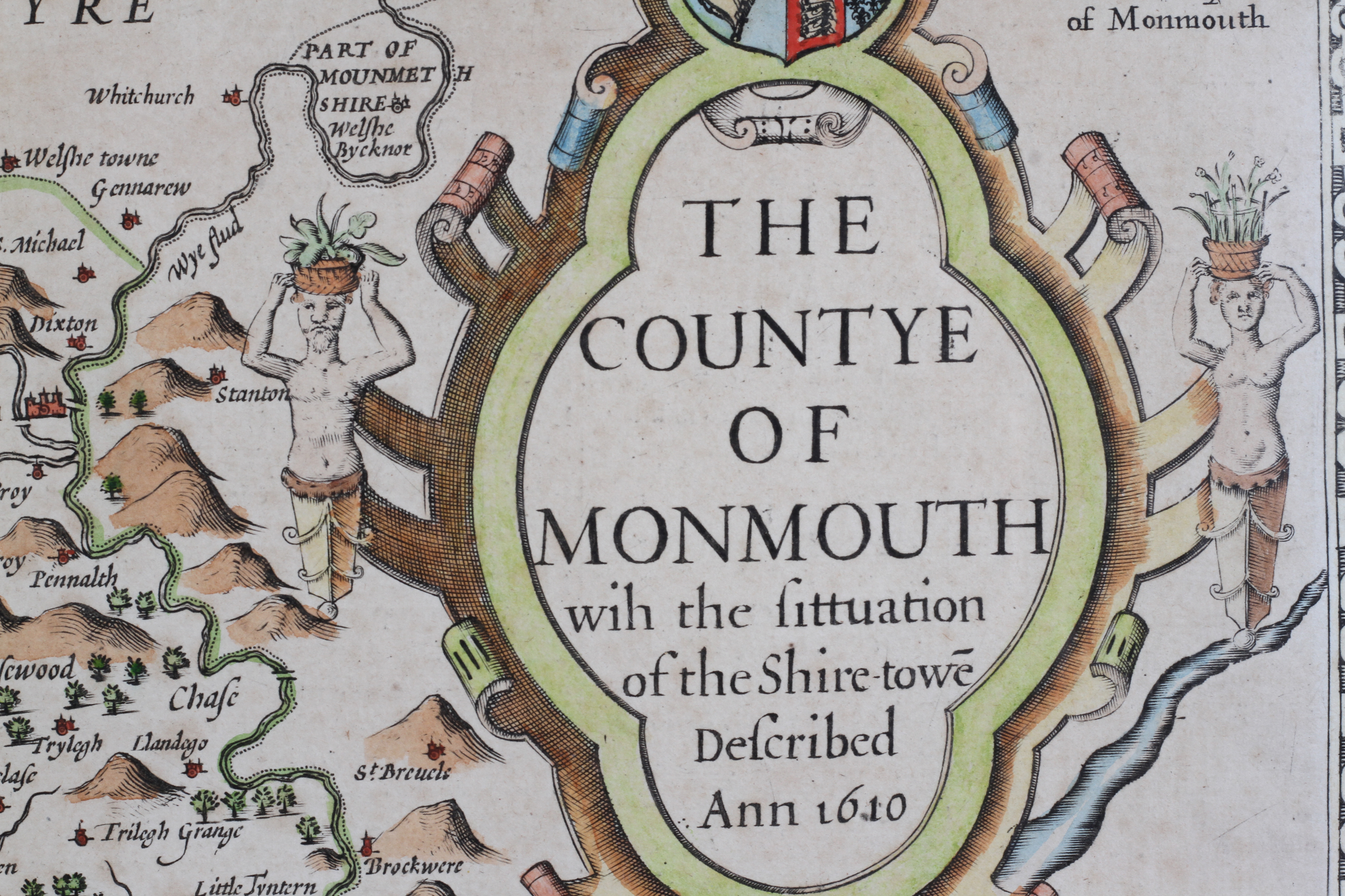 John Speed 'The Countye of Monmouth', 17th century map engraving, later coloured, - Image 2 of 3