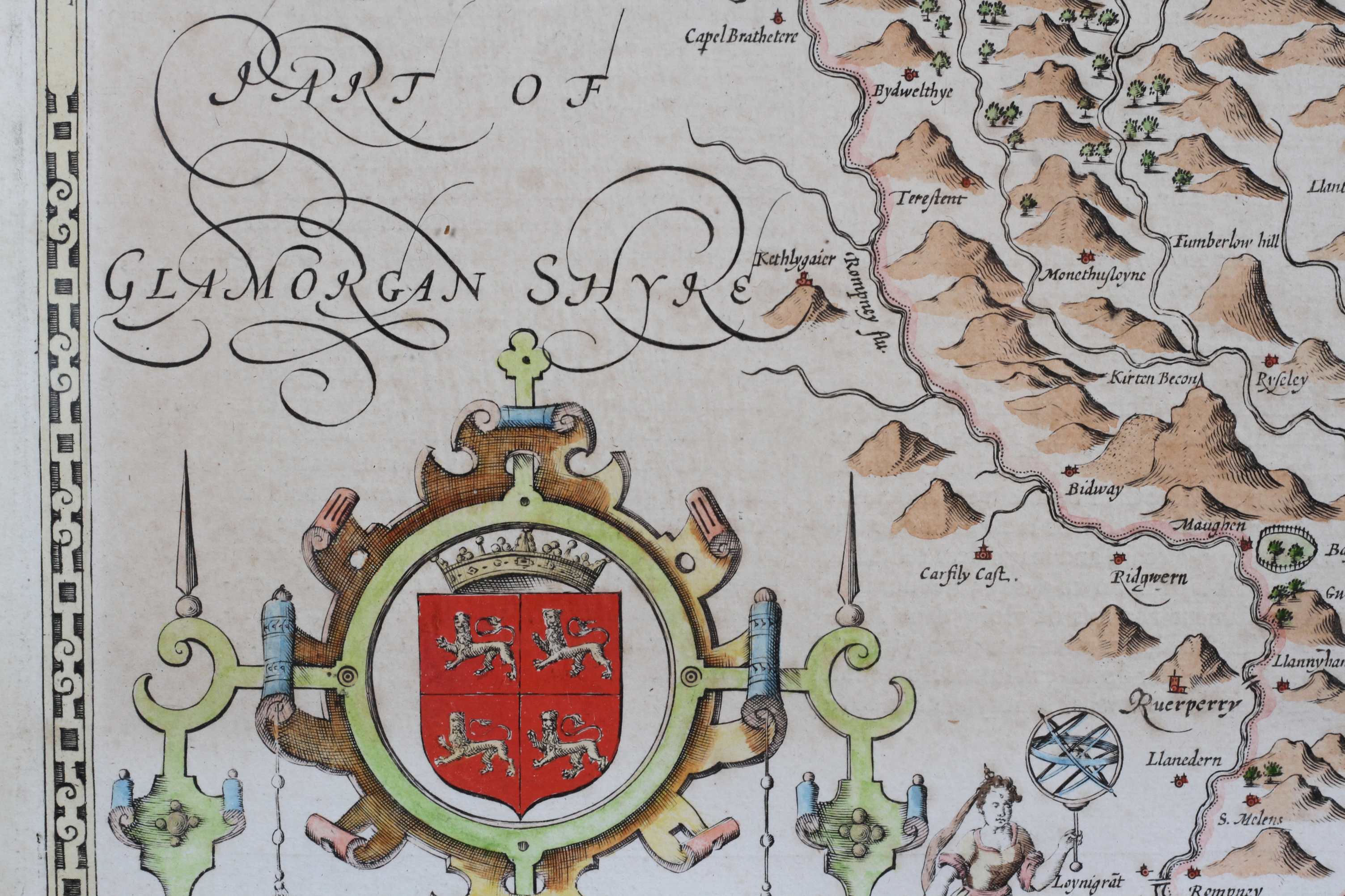 John Speed 'The Countye of Monmouth', 17th century map engraving, later coloured, - Image 3 of 3