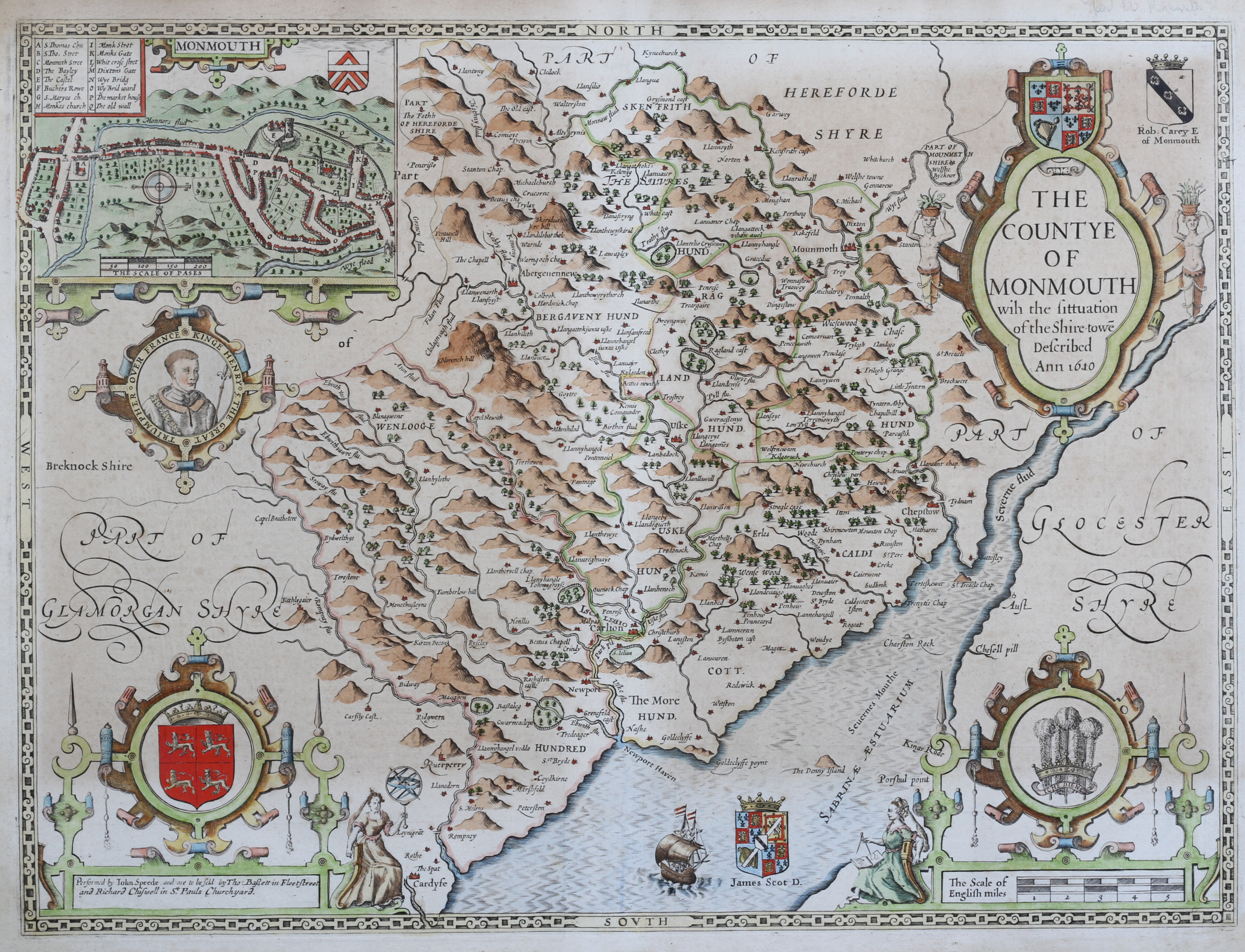 John Speed 'The Countye of Monmouth', 17th century map engraving, later coloured,