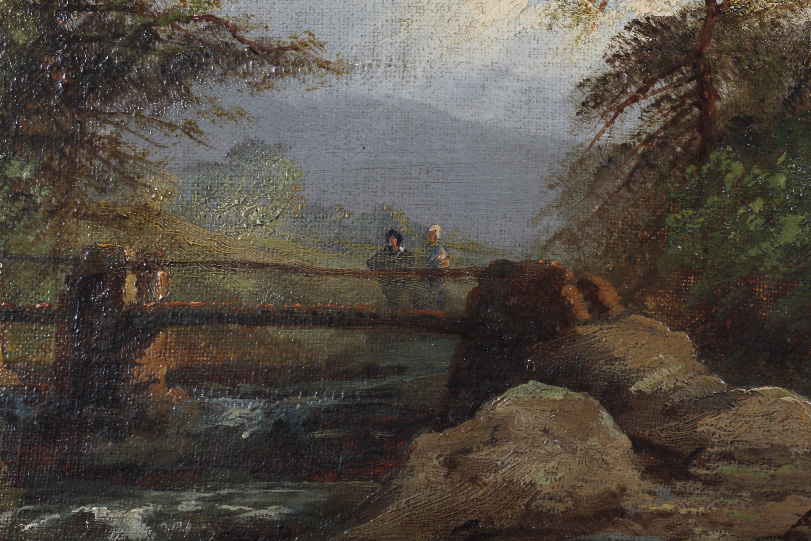 G Thompson, 19th century, Welsh river valley with figures on a bridge, oil on canvas, - Image 2 of 3
