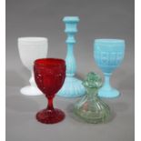 A small collection of coloured glass including, turquoise goblet and candlestick, white goblet,