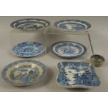 A quantity of early 19th century blue and white pottery to include: sifter spoon transfer printed